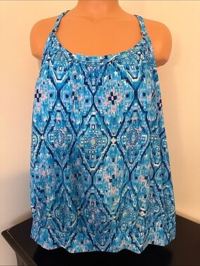 American Beach Size 24W Blue Geometric Tankini Halter Top NWTs Gathered Bottom